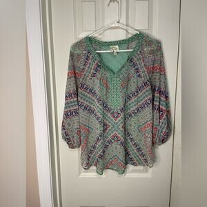 Fig and Flower Green Sheer Printed Boho Crochet Lace shirt bubble sleeves Medium